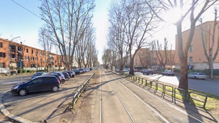 Vista centrale dei binari del tram su viale Palmiro Togliatti a Roma, con alberi spogli ai lati, auto parcheggiate e luce diurna.
