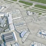 Rendering dall’alto dell’aeroporto di Fiumicino con l’area di espansione: gate, piazzali per aerei e collegamenti con le piste visibili a destra dell’attuale terminal.