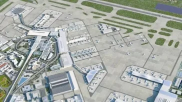 Rendering dall’alto dell’aeroporto di Fiumicino con l’area di espansione: gate, piazzali per aerei e collegamenti con le piste visibili a destra dell’attuale terminal.