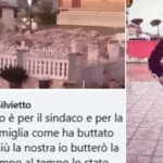Collage con, a sinistra, una villetta crollata e detriti dietro una balaustra bianca; a destra un uomo in tuta nera e cappello rosso impugna un fucile. In basso si legge un commento che minaccia il sindaco di Roma dopo la demolizione di case abusive.