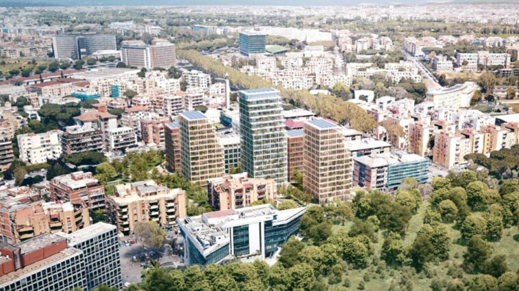 Veduta aerea del quartiere Tor Marancia a Roma con il render di cinque nuove torri residenziali moderne, alte e vetrate, circondate da edifici più bassi e da un’ampia area verde in primo piano.