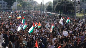 Folla numerosa a Roma con bandiere palestinesi e striscioni durante una manifestazione pro Palestina.