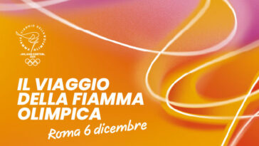 Locandina colorata con la scritta “Il viaggio della fiamma olimpica – Roma 6 dicembre” e linee luminose su sfondo arancione, dedicata alla tappa romana della torcia olimpica.