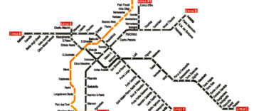 Mappa delle metropolitane di Roma con il percorso completo della nuova linea D evidenziato in arancione.