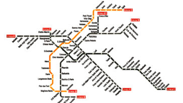 Mappa delle metropolitane di Roma con il percorso completo della nuova linea D evidenziato in arancione.