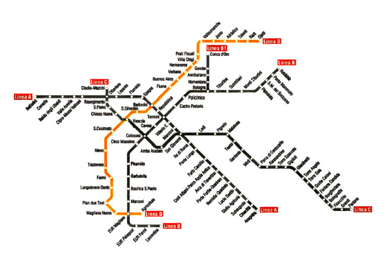 Mappa delle metropolitane di Roma con il percorso completo della nuova linea D evidenziato in arancione.