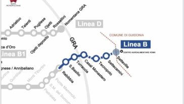 Mappa del prolungamento della metro B di Roma con il tracciato blu che da Rebibbia si estende verso est, includendo le nuove stazioni San Basilio, Torraccia, Casal Monastero, Tecnopolo, Settecamini e Setteville, oltre il Grande Raccordo Anulare.