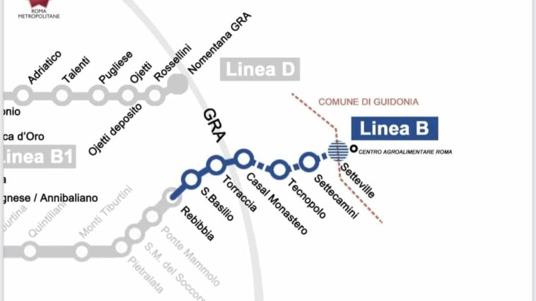 Mappa del prolungamento della metro B di Roma con il tracciato blu che da Rebibbia si estende verso est, includendo le nuove stazioni San Basilio, Torraccia, Casal Monastero, Tecnopolo, Settecamini e Setteville, oltre il Grande Raccordo Anulare.