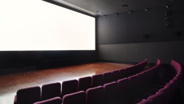 Interno della sala del Cinema Troisi con schermo luminoso e poltrone viola disposte a semicerchio.