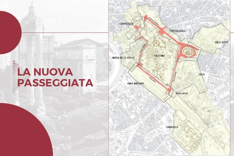 Mappa del nuovo percorso pedonale CarMe che collega Colosseo, Fori Imperiali, Palatino, Campidoglio e Circo Massimo.