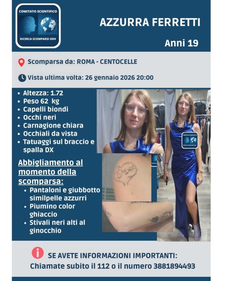 Scheda di ricerca della 19enne Azzurra Ferretti con foto, caratteristiche fisiche, tatuaggi e abbigliamento al momento della scomparsa, diffusa dal Comitato Scientifico Ricerca Scomparsi.
