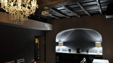 Interno del night club Escopazzo con lampadario a gocce, soffitto in legno e bancone illuminato.