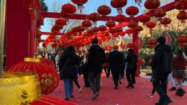Lantern festival del Capodanno Cinese a piazza Vittorio, con persone che camminano sotto decine di lanterne rosse appese nelle strutture decorative.