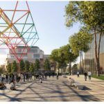 Render della futura “Città della Gioia” all’ex Fiera di Roma, con una grande installazione geometrica colorata, persone che passeggiano e nuovi edifici immersi nel verde.
