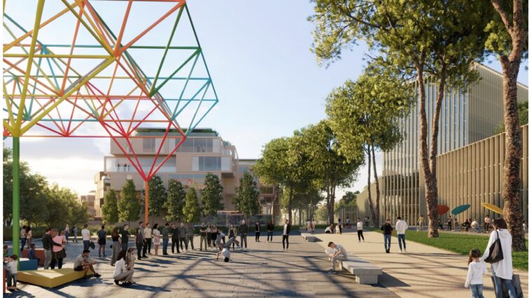 Render della futura “Città della Gioia” all’ex Fiera di Roma, con una grande installazione geometrica colorata, persone che passeggiano e nuovi edifici immersi nel verde.