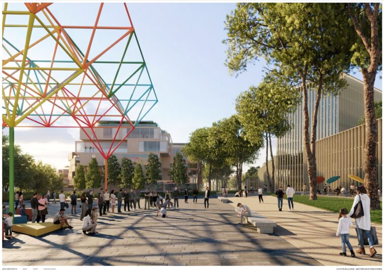 Render della futura “Città della Gioia” all’ex Fiera di Roma, con una grande installazione geometrica colorata, persone che passeggiano e nuovi edifici immersi nel verde.