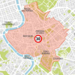 Mappa del centro storico di Roma evidenziato in rosso con limite di velocità 30 km/h