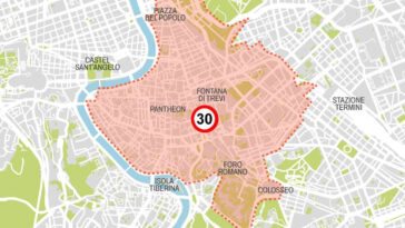 Mappa del centro storico di Roma evidenziato in rosso con limite di velocità 30 km/h