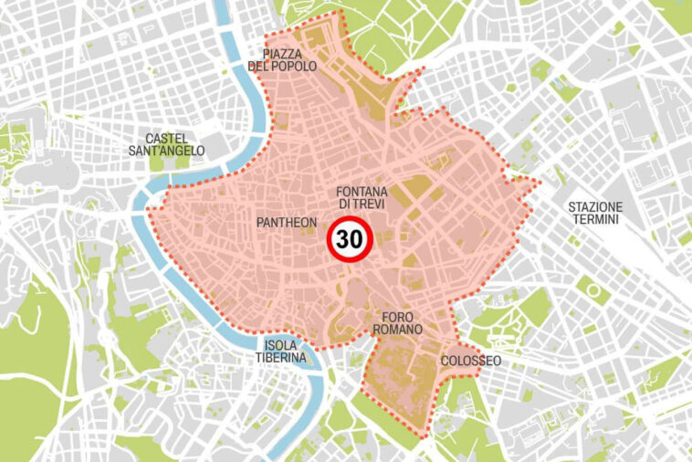 Mappa del centro storico di Roma evidenziato in rosso con limite di velocità 30 km/h