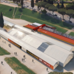 Rendering dell’Expo Village della Maratona di Roma 2026 allestito al Circo Massimo, con strutture temporanee, passerelle rosse e aree dedicate ai visitatori.