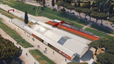 Rendering dell’Expo Village della Maratona di Roma 2026 allestito al Circo Massimo, con strutture temporanee, passerelle rosse e aree dedicate ai visitatori.