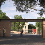 Rendering del nuovo ingresso della Sapienza su viale Regina Elena, con marciapiedi ampliati, muri ricostruiti e studenti che attraversano l’area riqualificata.