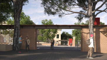 Rendering del nuovo ingresso della Sapienza su viale Regina Elena, con marciapiedi ampliati, muri ricostruiti e studenti che attraversano l’area riqualificata.