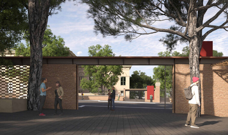 Rendering del nuovo ingresso della Sapienza su viale Regina Elena, con marciapiedi ampliati, muri ricostruiti e studenti che attraversano l’area riqualificata.