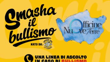 Grafica gialla del progetto “Smasha il Bullismo”, con i loghi di Smash Tag e Officine per Nuove Terre e un’icona del telefono dedicata alla linea di ascolto contro il bullismo.