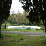 Veduta della fontana ovale di Villa Borghese circondata da alberi e sentieri, in un’area tranquilla del parco.