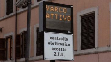 Cartello ZTL con scritta “Varco Attivo” su sfondo di palazzi nel centro di Roma.