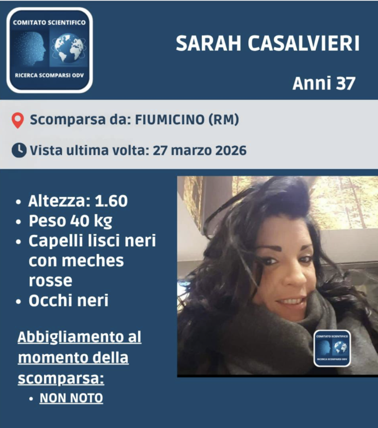 Scheda di ricerca per persona scomparsa con foto e dati identificativi di una donna di 37 anni