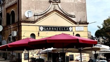 Il bar dei Cesaroni alla Garbatella con insegna storica e tavolini all’aperto in piazza Giovanni da Triora