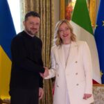 Volodymyr Zelensky stringe la mano a Giorgia Meloni durante un incontro istituzionale, con le bandiere di Ucraina, Italia e Unione Europea sullo sfondo.