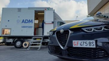 Laboratorio chimico mobile dell’Agenzia delle Dogane e auto della Guardia di Finanza durante controlli sul carburante a Roma.