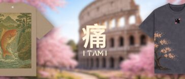 Magliette ITAMI con design ispirati a ciliegi e pesce koi davanti al Colosseo in primavera.