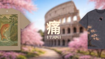 Magliette ITAMI con design ispirati a ciliegi e pesce koi davanti al Colosseo in primavera.