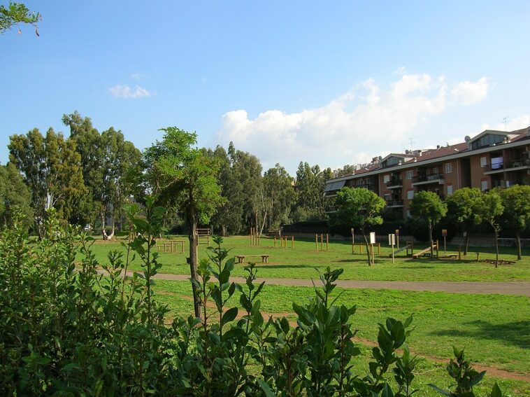 Vista del Parco Palatucci a Tor Tre Teste con prato verde, alberi e palazzi residenziali sullo sfondo.