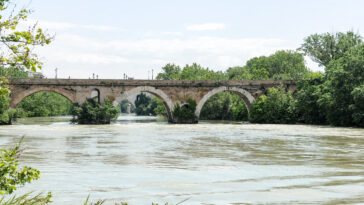 Antico ponte in pietra sul fiume Tevere circondato dal verde, con acqua che scorre sotto le arcate e vegetazione rigogliosa lungo le sponde.
