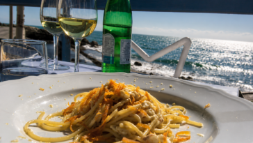 Piatto di spaghetti ai frutti di mare servito su una terrazza vista mare, con calici di vino bianco e il litorale sullo sfondo.