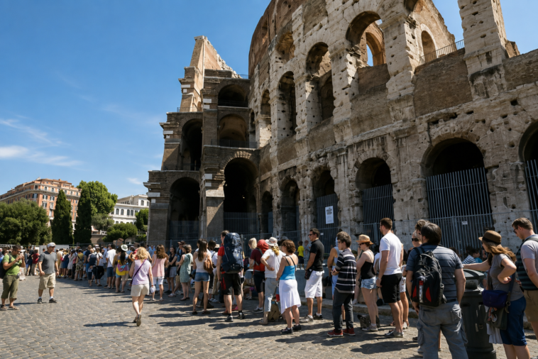 Turisti in fila davanti al Colosseo a Roma durante una giornata estiva, sotto il sole e con temperature elevate.