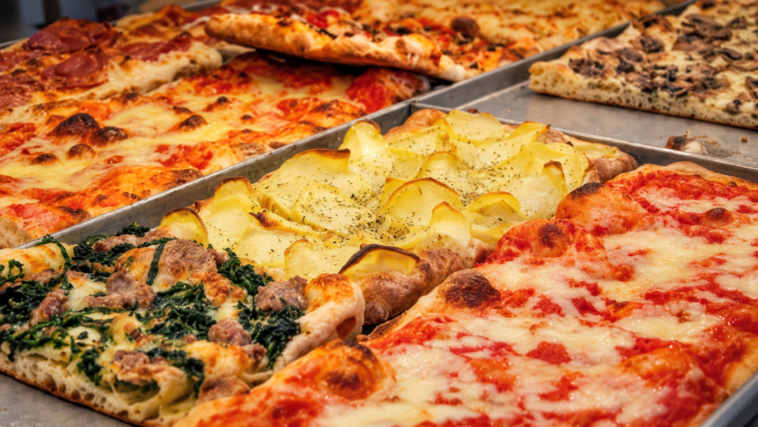 Pizza in teglia alla romana con diversi condimenti, tra pomodoro, mozzarella, patate e verdure.