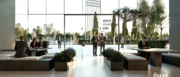 Rendering di un’area hospitality moderna con grandi vetrate, tavoli, sedute e spazi verdi affacciati sull’esterno di uno stadio.