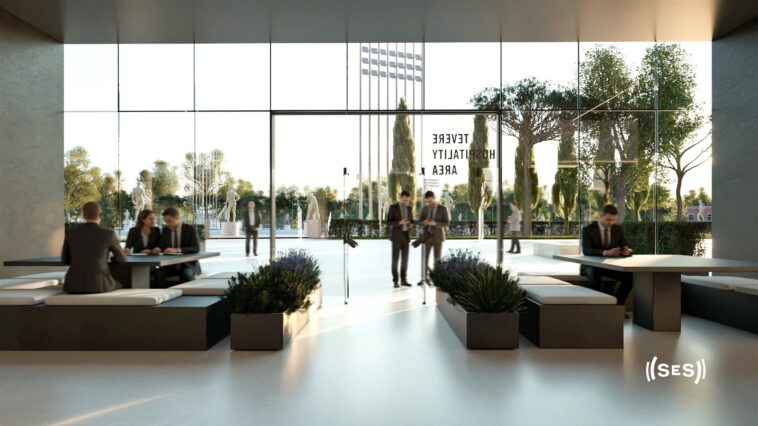 Rendering di un’area hospitality moderna con grandi vetrate, tavoli, sedute e spazi verdi affacciati sull’esterno di uno stadio.