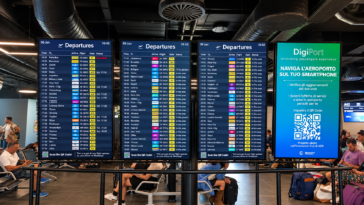 Tabelloni digitali delle partenze all’aeroporto di Roma Fiumicino, con orari, destinazioni e stato dei voli, mentre i passeggeri attendono nell’area imbarchi.
